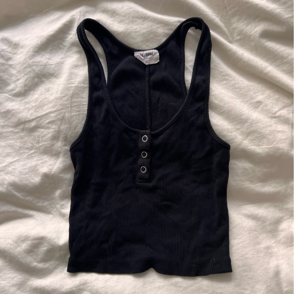 Re/Done Black Ribbed Henley Tank Top
